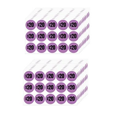 Imagem de Mobiusea Creation 300 adesivos de preço de US$ 20 | etiquetas de preço de 20 dólares | cor roxa brilhante com texto preto | 2,54 cm de diâmetro | etiquetas de preço pré-impressas | adesivos de venda de garagem