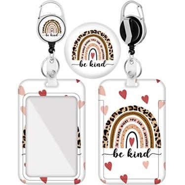 Imagem de Plifal Porta-crachá com carretel retrátil, Boho Be Kind Leopard Rainbow ID Name Tag Work Badge Clip Heavy Duty Vertical Card Protector Cover Case para Trabalho Escritório Enfermeira Médica Mulheres Homens