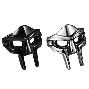 Imagem de Aroncent Anel de máscara DOOM gótico: 2 peças punk viking capacete espartano anel de aço inoxidável preto e prata - joias de motociclista hip hop para homens, Aço inoxidável, Sem pedra preciosa