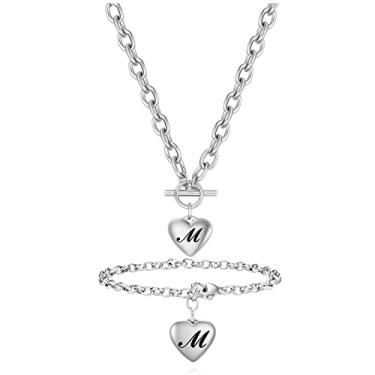 Imagem de VQYSKO Conjunto de pulseira e colar com iniciais de coração de prata - A-Z aço inoxidável com pingente gravado, joia feminina e feminina, presente de aniversário, Aço inoxidável, aço inoxidável