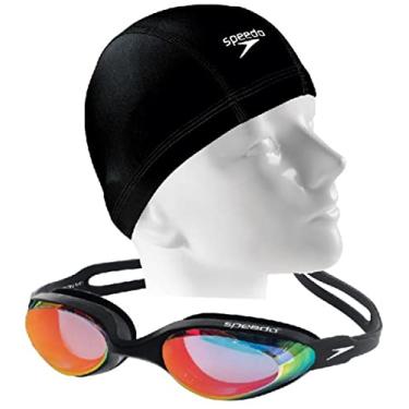 Imagem de Kit Natação Speedo Óculos Hydrovision Espelhado + Touca Xtrafit Tecido (óculos preto/touca preta)