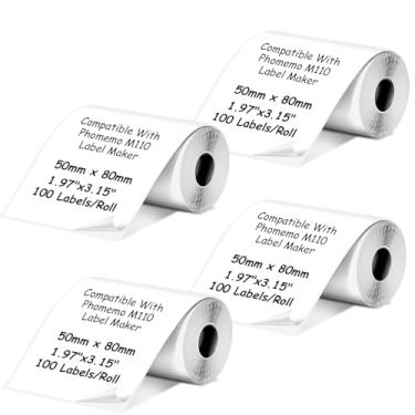 Imagem de Etiquetas térmicas multiuso 50 x 80 mm, compatível com Phomoemo M110/M221/M220/M120/M200, 50 x 80 mm, 100 etiquetas/rolo, preto sobre branco, 4 rolos