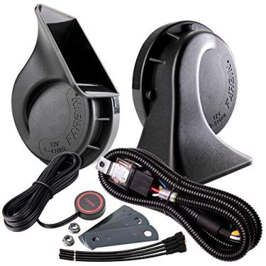 Imagem de FARBIN Buzina de caminhão alta 12v buzina de ar alto kit de buzina de carro com chicote de relé e botão de interruptor para caminhão, carro, trem, motocicleta (buzina preta com arnês e botão)
