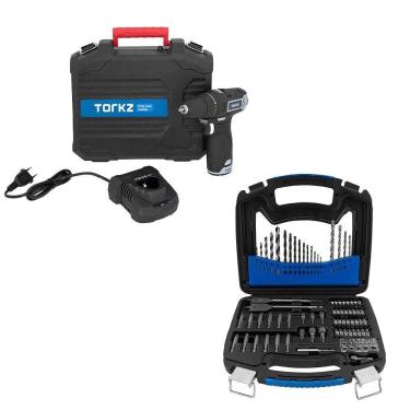 Imagem de Furadeira Parafusadeira Torkz Profissional TRB0013, 12V e Jogo de Brocas Bits Torkz TRK0006 75 Peças
