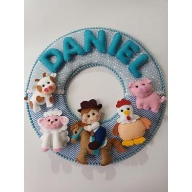 Imagem de Guirlanda Decorativa para Porta de Maternidade Tema Fazendinha, Feltro Azul e Branco com Animais