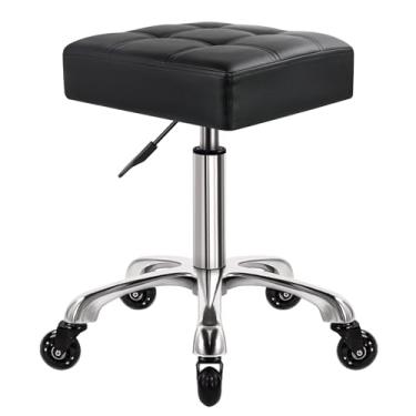 Imagem de WKWKER Banqueta de rodinhas moderna e resistente, assento quadrado de couro grosso, banco giratório 360 com rodas e altura ajustável, cadeira para casa, cozinha, desenho, laboratório, escritório