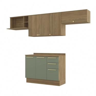 Imagem de Cozinha Completa 4 Peças com Armário e Balcão Kappesberg Botânic 280cm Nogueira/Verde Oliva - CB907