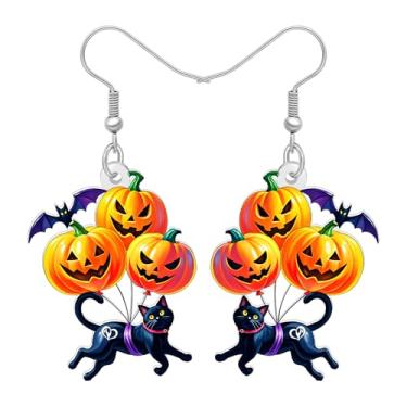 Imagem de DALANE Brincos pendentes de acrílico assustador Halloween gato preto abóbora presentes estranhos para amantes de gatos, mulheres, mamãe, novidade chapéu de bruxa, fantasias de férias, joias, presentes