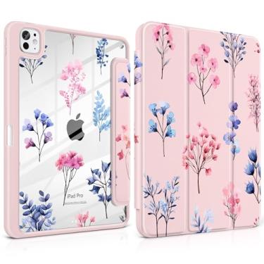 Imagem de Loyrina Capa para iPad Pro de 11 polegadas (M4) versão 2024 fina, leve e fofa, rosa claro com suporte de lápis de borda de TPU transparente, suporte de três dobras, florais desenhados à mão