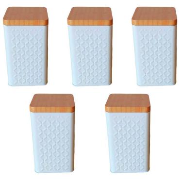 Imagem de Kit 5 Potes Latas Porta Mantimento Tampa Bambu Café E Açucar