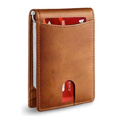 Imagem de Leatherboss Carteira masculina fina de fibra de carbono com bloqueio de RFID – Dobrável minimalista com clipe para dinheiro, 6 compartimentos para cartão, janela para identidade, Chocolate, Carteira