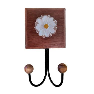 Imagem de Toalheiro Cabideiro Duplo Flor 3d Rústico Artesanal Ferro Cor Branco