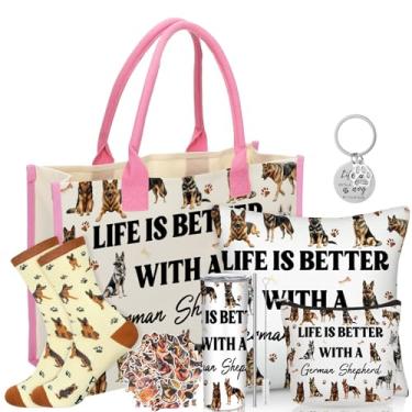 Imagem de Patelai Conjunto de 56 peças para presente de Natal para amantes de cães de 590 ml, bolsa de cosméticos, capa de travesseiro, chaveiro e adesivo de meia (pastor alemão)