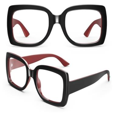 Imagem de GQUEEN Óculos postiços grandes femininos masculinos retrô grosso armação quadrada grande lente transparente proteção UV400 óculos modernos, Preto/vermelho, Large