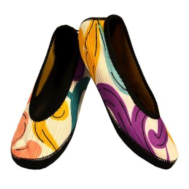 Imagem de Nufoot Fuzzies Sapatilhas de balé femininas, sapatilhas dobráveis e flexíveis, meias de chinelo, chinelos de viagem e sapatos de exercícios, sapatos de dança, meias de ioga, sapatos para casa, chinelos para ambientes internos, redemoinho, grande