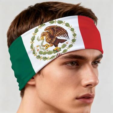 Imagem de Threetols Faixa de cabelo com bandeira do México para homens e mulheres verde branco vermelho bandeira nacional tecido antiderrapante faixa de suor bandana para futebol, tênis, treino, fantasias e