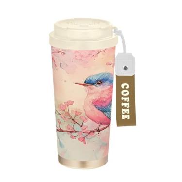Imagem de SEHANY Caneca de viagem de pássaro colorida de 482 g Copos de café reutilizáveis revestidos de cerâmica com tampa à prova de vazamento, parede dupla, copo de café de aço inoxidável isolado a vácuo