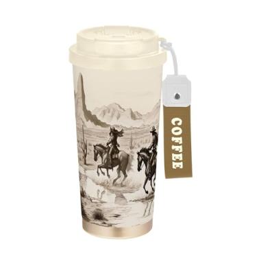 Imagem de SEHANY Caneca de viagem vintage caubói ocidental 482 g xícaras de café reutilizáveis revestidas de cerâmica com tampa à prova de vazamento, parede dupla, isolamento a vácuo, copo de café de aço