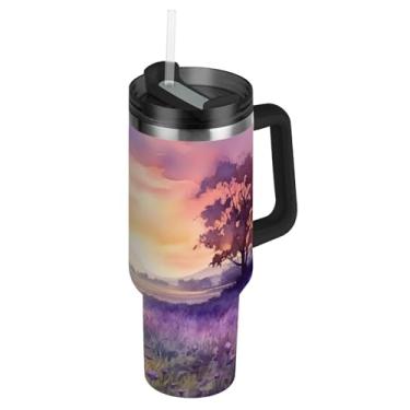 Imagem de Blueangle Copo de 850 g Pôr do sol em um campo roxo com alça e tampa de palha, caneca de viagem de aço inoxidável isolada a vácuo de parede dupla, garrafa de água reutilizável para academia de