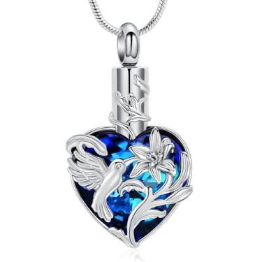 Imagem de zeqingjw Colar de urna de coração para cinzas pingente de cristal beija-flor memorial pingente de cremação joia humana animal de estimação suporte de cinzas presente de lembrança, Aço inoxidável, Sem