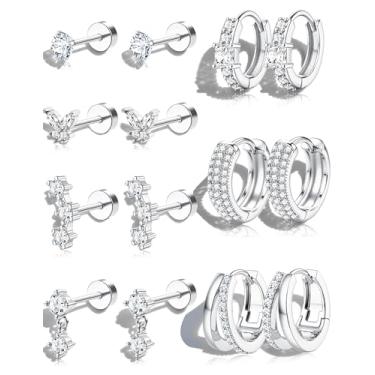 Imagem de ADRAMATA Brincos de ouro hipoalergênicos empilhados para mulheres - 7 pares de argolas pequenas e grossas de aço cirúrgico, conjunto de brincos de cartilagem de prata, joias modernas de Natal, Aço