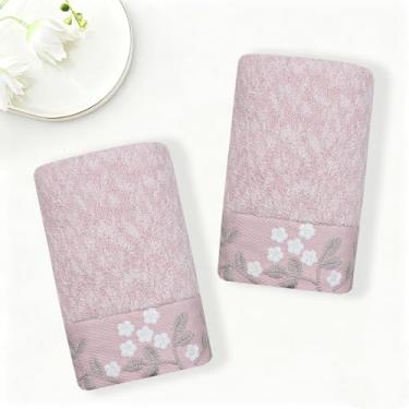 Imagem de Lacomfy Toalhas de mão florais bordadas rosa conjunto de 2 toalhas de banheiro decorativas de algodão puro toalhas de padrão de flores super macias e absorventes para chuveiro, spa, praia, uso diário