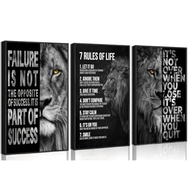 Imagem de 3 peças de arte inspiradora de parede de leão motivacional preto e branco inspirador animal 7 regras da vida citações pôsteres fotos decoração de parede impressão em tela arte para escritório sala de