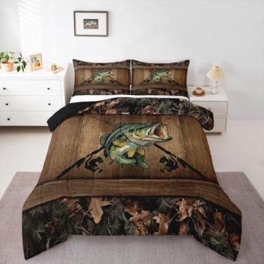 Imagem de Erosebridal Jogo de cama casal de robalo, peixe, lúcio, pesca, camuflagem, caça, para crianças, meninos, adolescentes e homens, edredom rústico