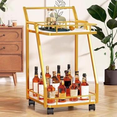 Imagem de Carrinho de serviço de barra rolante de 2/3 níveis com rodas, tampo de vidro chanfrado, prateleira de cozinha para sala de jantar e sala de estar, elegante estação de bebidas móvel, carrinho