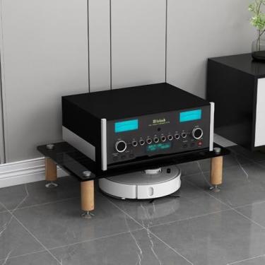 Imagem de Armário de armazenamento de mídia HiFi de 4 camadas com prateleiras de vidro temperado - pernas de madeira maciça, design de absorção de choque, rack de áudio branco para sistemas de entretenimento