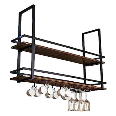 Imagem de Rack de vinho rústico suspenso com suporte de vidro e prateleira, barra de teto de metal, rack de vidro de vinho, prateleira de armazenamento de montagem de teto industrial de 2 camadas (cor: preto