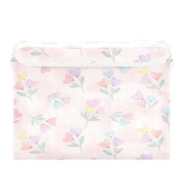 Imagem de Burbuja Caixa de armazenamento de flores de coração com tampa e alças, caixa de armazenamento grande dobrável para prateleiras armário quarto escritório organizador