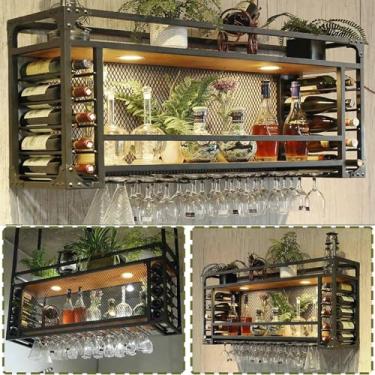 Imagem de Rack de vinho vintage industrial de 2 camadas montado na parede com suporte de vidro - Armário de exibição rústico de 100 cm para decoração de bar e restaurante, perfeito para amantes de vinho