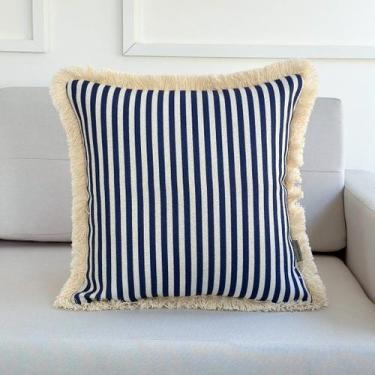 Imagem de Capa Almofada Jacquard Lista com Franjas 45x45 Azul - AMOFADAS