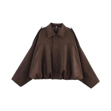 Imagem de Jaqueta Bomber Feminina De Camurça Manga Longa Gola Dobrável Vintage S