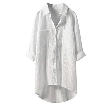 Imagem de WSLCN Camisola longa Plus Size Feminina com Botões Blusas de Manga Comprida Casual ou Pijama Branco G