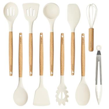 Imagem de Conjunto de utensílios de cozinha de silicone CAROTE, conjunto de 10 peças para cozinhar, conjunto de espátula sem BPA com cabos de madeira resistentes ao calor para panelas antiaderentes (branco