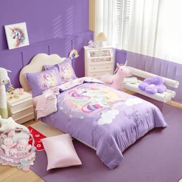 Imagem de Jogo de cama queen com estampa de unicórnio roxo e estrela do arco-íris, 7 peças (1 edredom, 2 fronhas, 1 lençol de cima, 1 lençol com elástico, 2 fronhas)