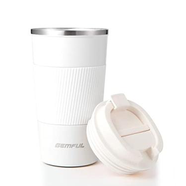 Imagem de GEMFUL Caneca de café de viagem isolada para viagem, copo de café com tampa, copo portátil de aço inoxidável, reutilizável, à prova de vazamento, para mulheres, bebidas quentes e frias, 500 ml (branco