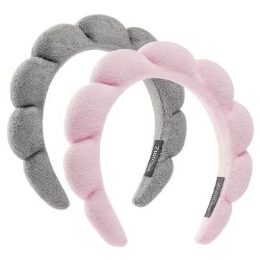 Imagem de Ztomine Pacote combo de faixa de cabeça de tecido felpudo para spa – 2 faixas de maquiagem inchadas para cuidados faciais, lavagem facial e aplicação de máscara (rosa + cinza)