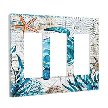 Imagem de Mapa Tartaruga Náutica 3 Gang Rocker Placa Interruptor de Luz Tripla Decoração Tomada Tampa de Parede Placa Frontal Decorativa Espelho de Parede para Banheiro Casa Sala de Estar Quarto Decorar 6,57 X 4,65 pol