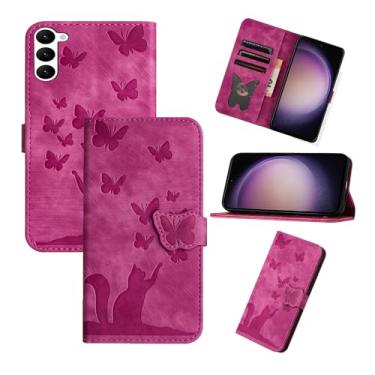 Imagem de Refilerss Capa flip para Samsung Galaxy S23 6,1 polegadas PU carteira de couro com slot para cartão fecho magnético capa de função gato borboleta padrão - rosa vermelha