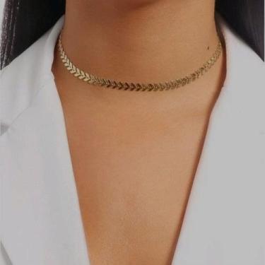 Imagem de Colar Feminino Choker Escama de Peixe Banhado a Prata / Shoker Folhead