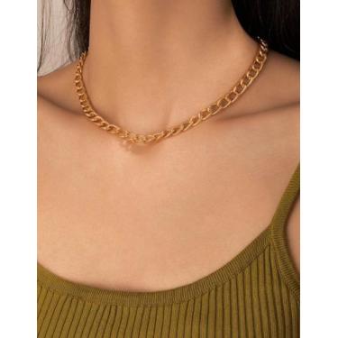 Imagem de Colar Choker Corrente Aço Feminino Elos Grumet Grosso Folheado Ouro 18