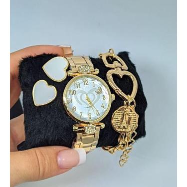 Imagem de Kit Relógio Feminino Analógico Toso Aço Inox Pedras Zircônias Quartz C