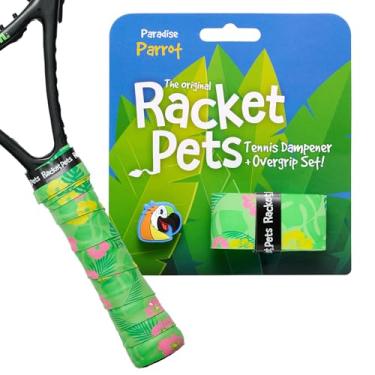 Imagem de Racket Pets Amortecedor de raquete de tênis infantil e fita overgrip combinando, amortecedor de absorção de choque para raquete de tênis e fita adesiva divertida com estampa animal (papagaio)
