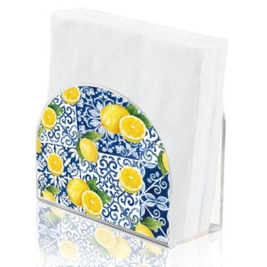 Imagem de SUPERDANT Porta-guardanapos de azulejo limão e azul para mesas Dispensador de Serviette de acrílico Imitação de guardanapos de coquetel de cerâmica organizador de toalhas de papel de seda para sala de