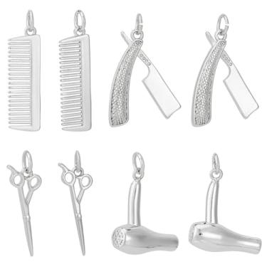 Imagem de Beebeecraft 8 peças, 4 estilos, berloques de cabeleireiro, banhado a platina, latão, elegante, tesoura secadora, pente de barbeiro, tema de ferramenta de barbeiro, berloque para fazer joias