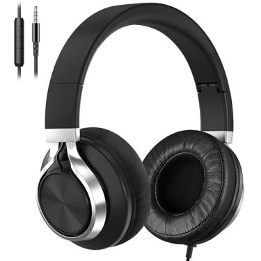 Imagem de Fones de ouvido supra-auriculares com fio com microfone – Fones de ouvido com isolamento de ruído com almofadas de couro proteico para adolescentes e adultos, fones de ouvido Fordable com conector