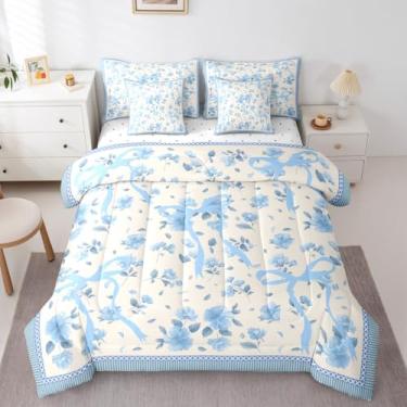 Imagem de Erosebridal Jogo de cama King com laço azul e laço floral, 7 peças, para meninas, crianças e adolescentes, conjunto de lençol com edredom com estampa de casinha de fazenda, estampa botânica
